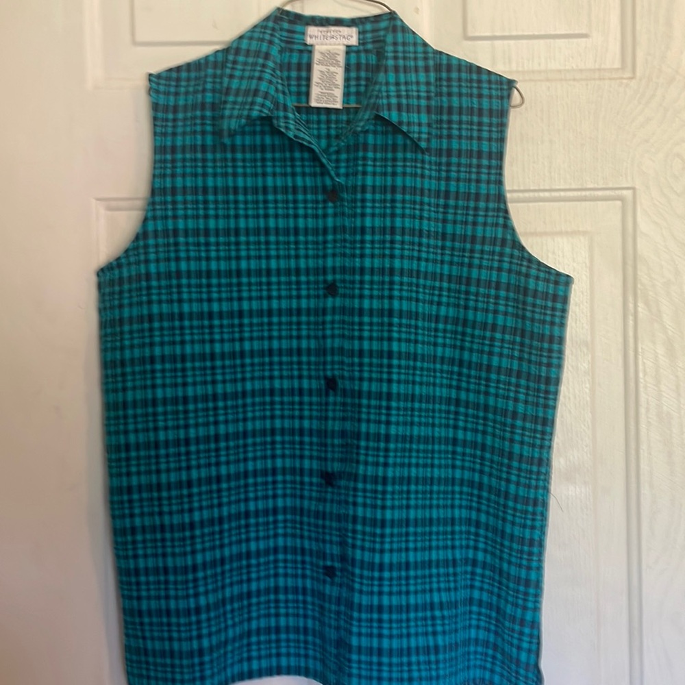 White Stag Size L Sleeveless Button Up Plaid Blouse Blue-Green and Black